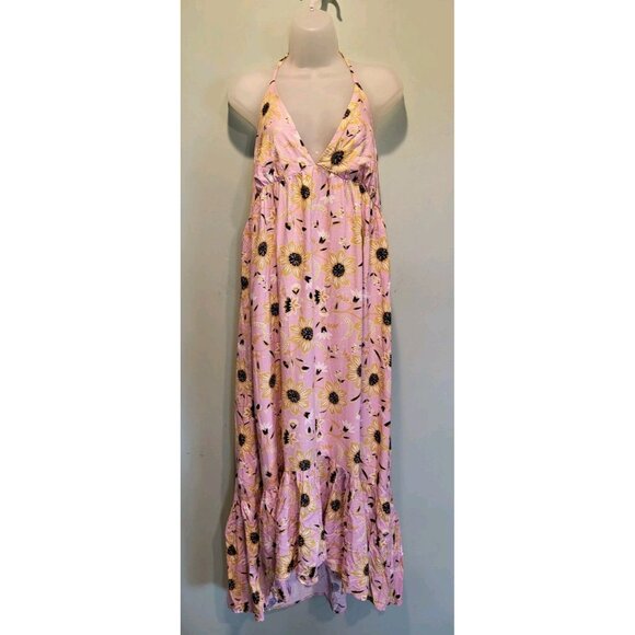 New Loft Beach Pink Yellow Floral Empire Waist Halter Maxi Dress Sz L Hippie - Picture 1 of 8